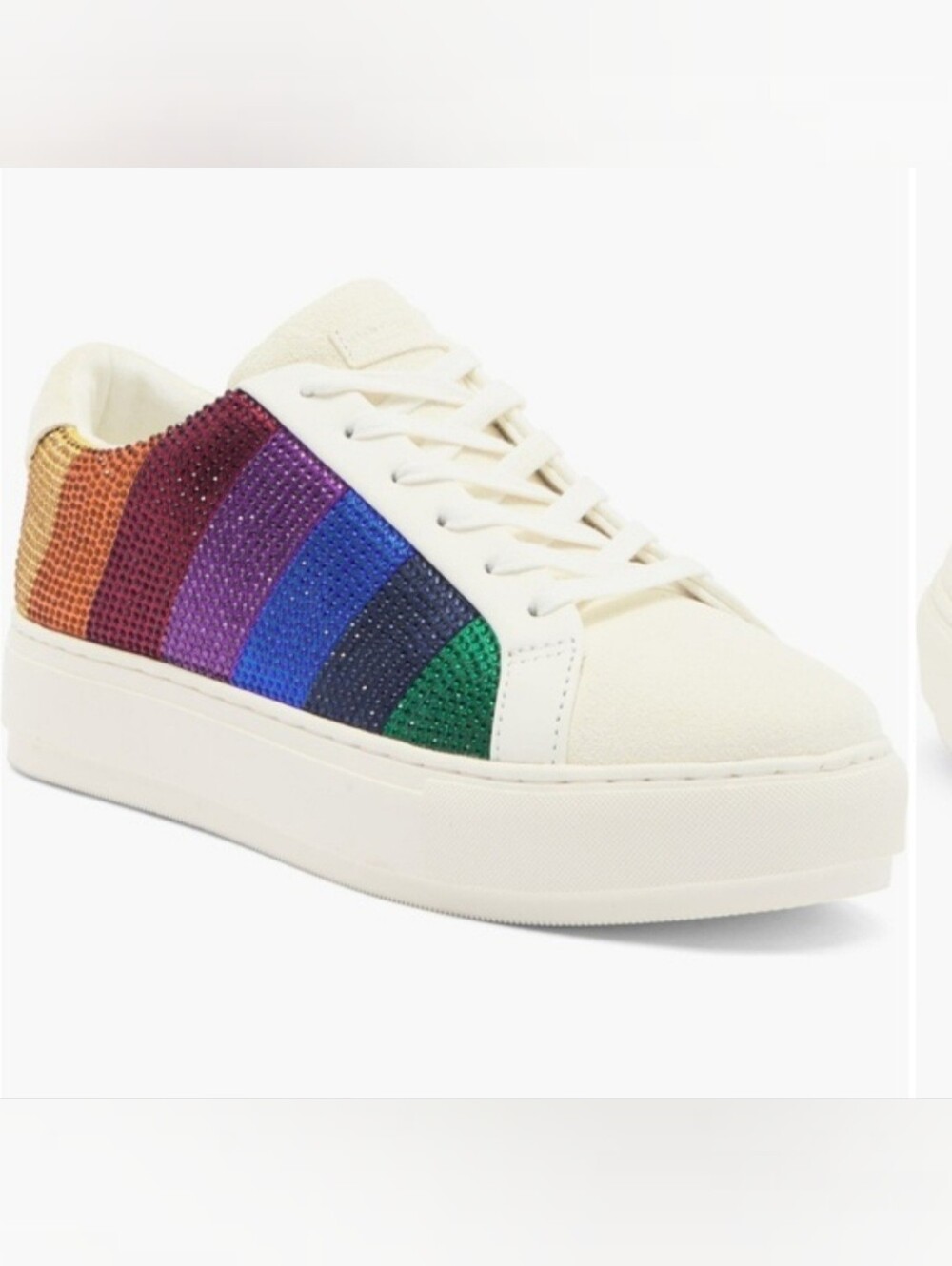 KURT GEIGER Women’s White Platform Sneaker with RainbowCrystal Stripes